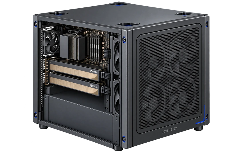 Sovere S2, an open black cube with two NVIDIA GPUs