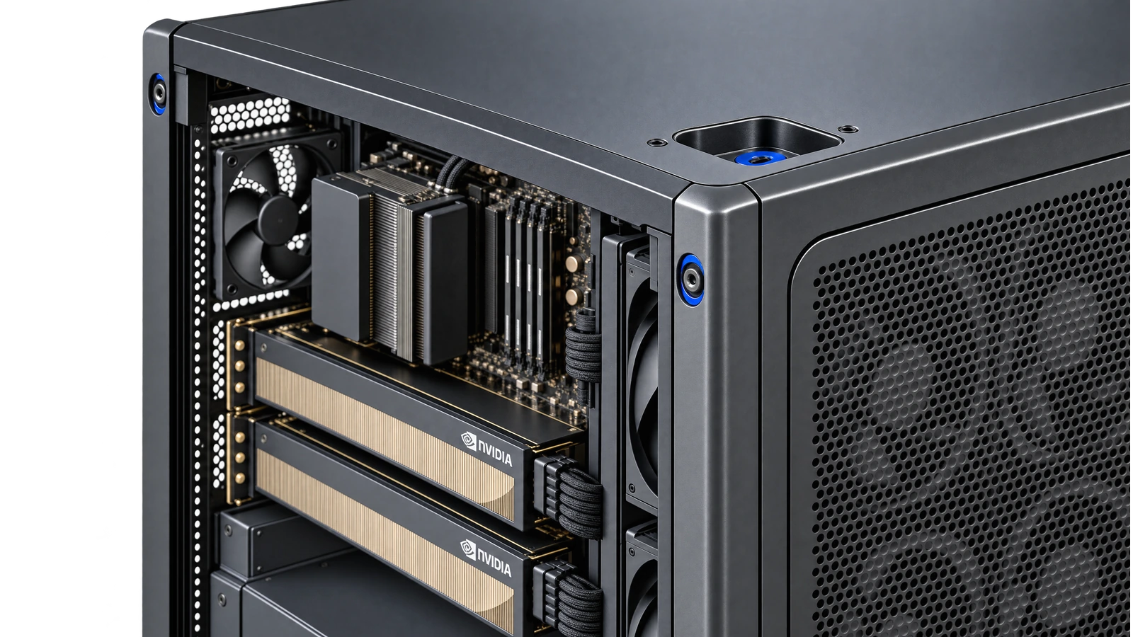 Sovere S2 corner docking pocket, blue fastener and open interior with two NVIDIA GPUs