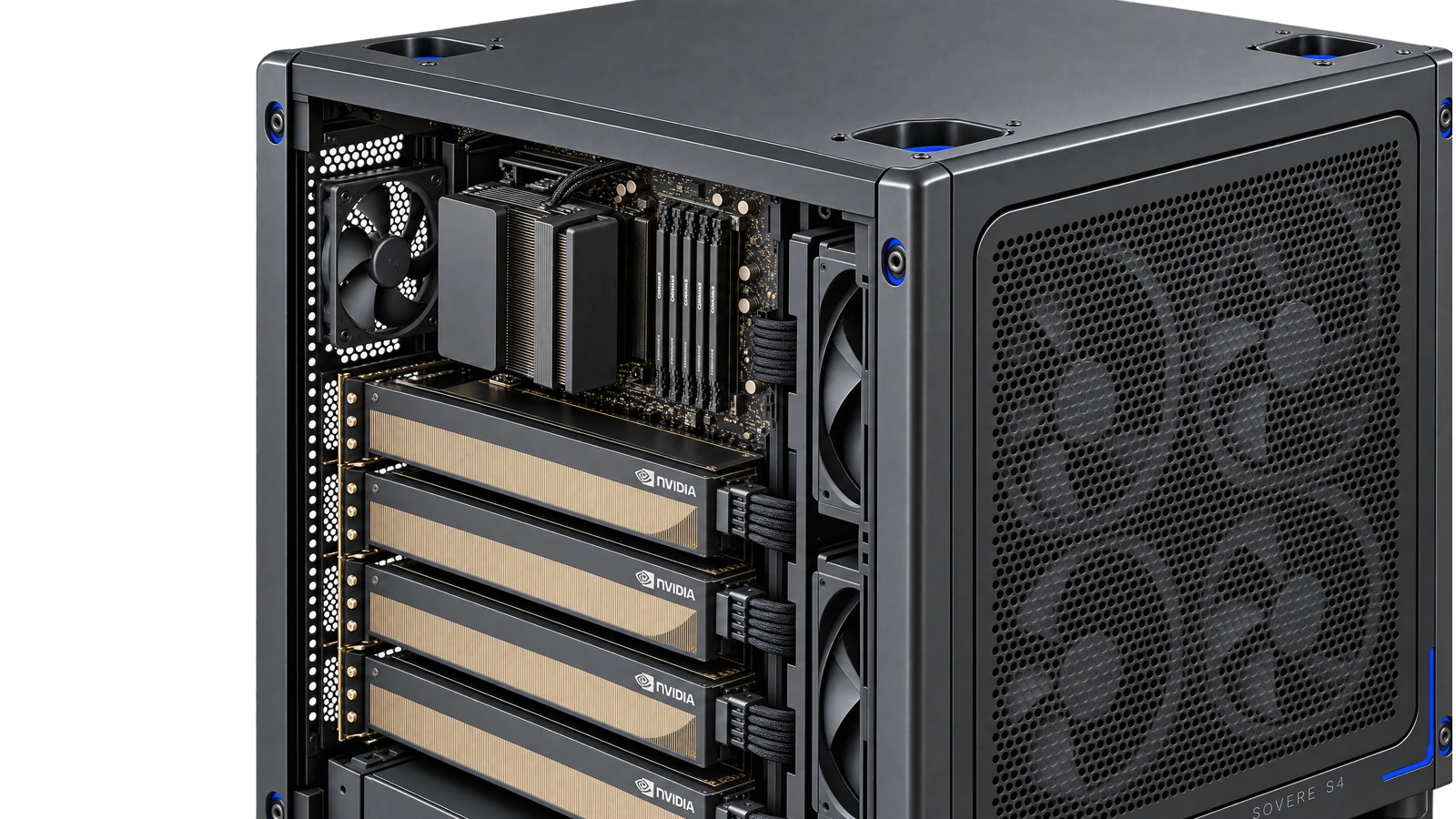 Sovere S4 open interior detail showing CPU cooling, memory and NVIDIA hardware